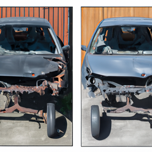 תמונה המציגה השוואה לפני ואחרי של מכונית לפני פירוק ואחרי פירוק
